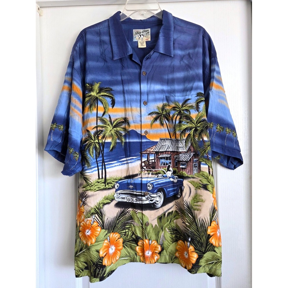 VTG Big Dogs‎ Aloha Shirt Blue Tropical Car Scenic Print Mens Sz 2XL